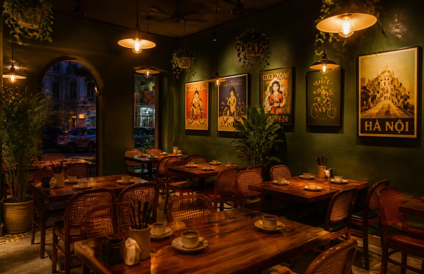 The cosy dining room at Pho King with green walls and warm lighting